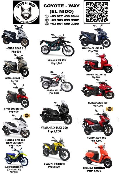 Coyote Way El Nido motorbike price list