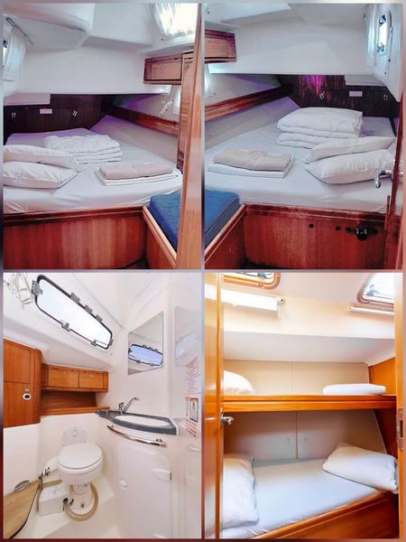 Guest cabins with double and bunk beds, and the bathroom