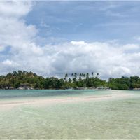 The sand spit at Snake Island (Vigan Island), El Nido, curving toward the palm-covered island with outrigger boats moored beyond