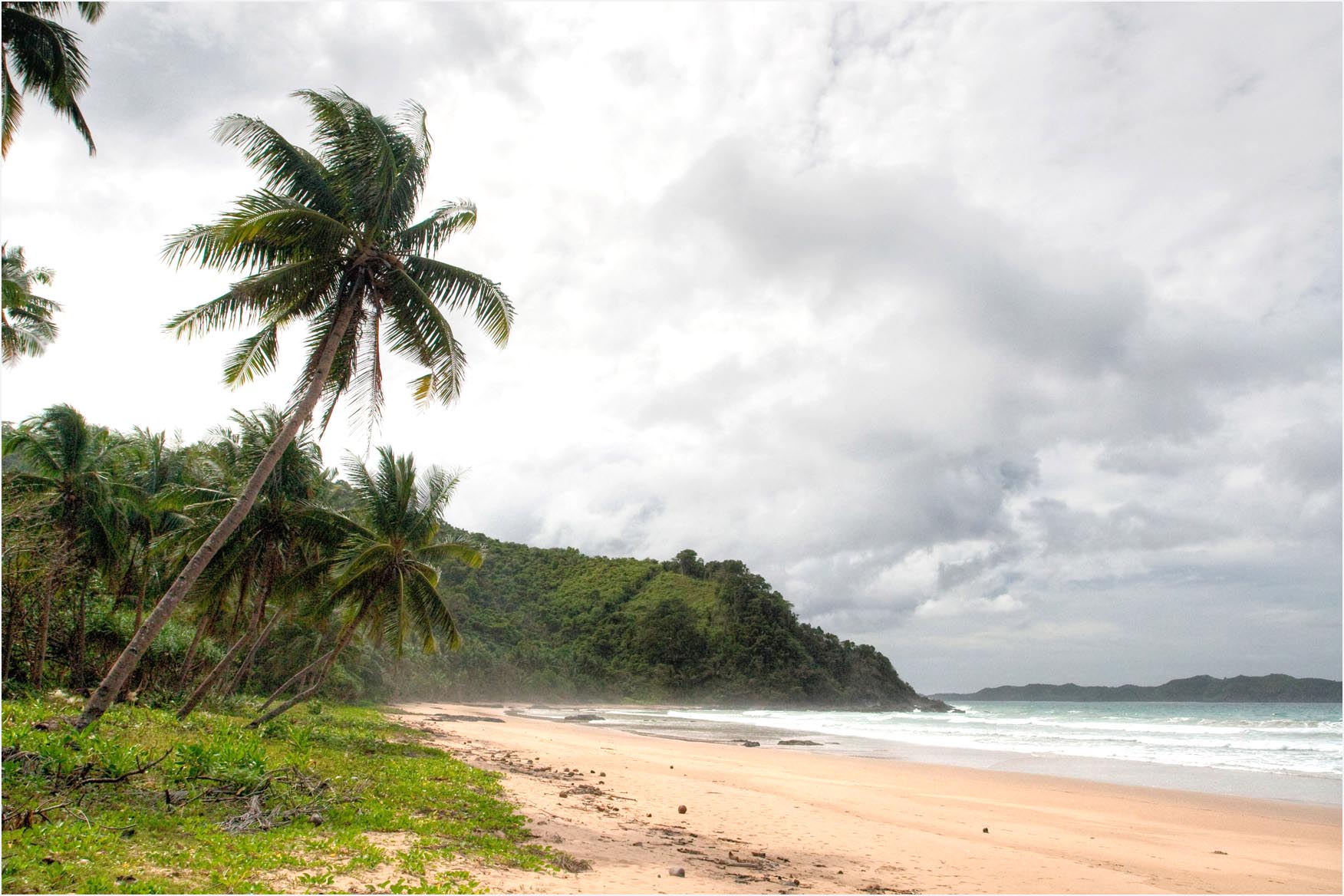 Empty sand beach at Duli with coconut palms leaning over the sand, surf breaking along the shore and a forested headland in the distance