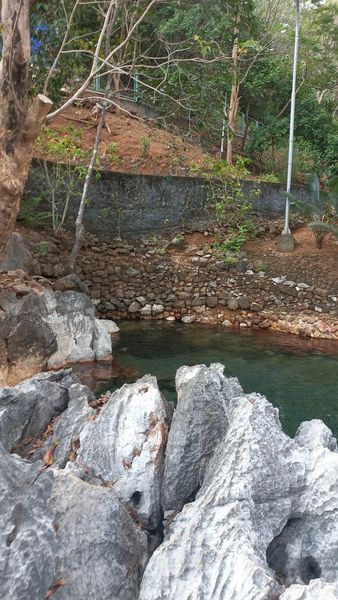 Hot spring pool enclosed by jagged bleached limestone, with a stone retaining wall and planted slope above