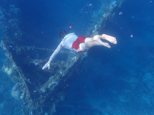 Freediver gliding over the exposed ribs and coral-encrusted frames of a small sunken wreck in clear blue water
