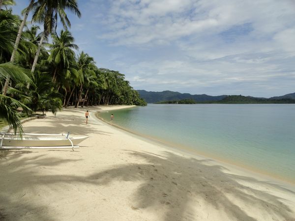 A white sand beach fringed with coconut palms, an outrigger boat on the sand in the foreground and forested hills across calm water